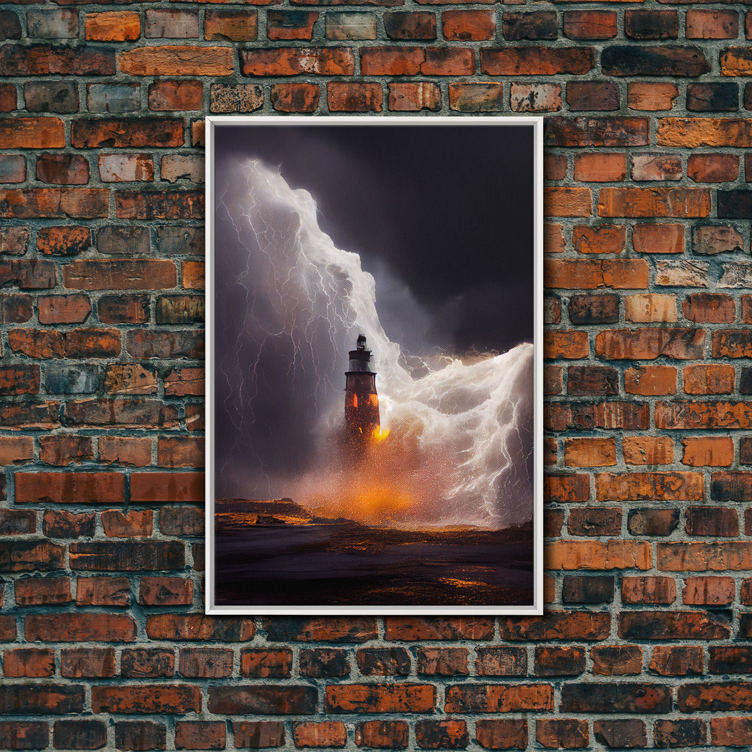 Lightning striking a burning lighthouse, canvas print, oil painting style, dark and gloomy wall art