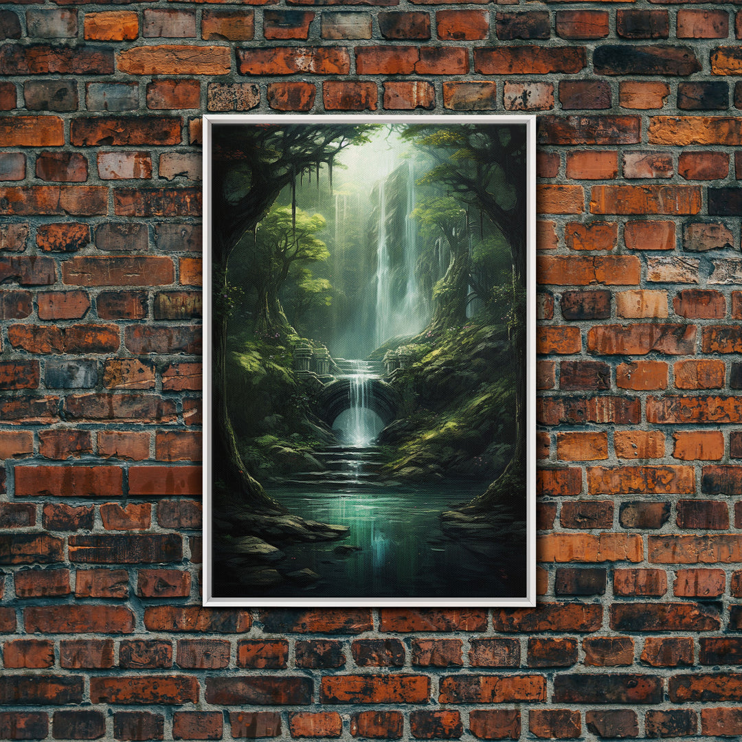 Enchanter Forest, Waterfalls Wall Art, Fantasy Artwork, Canvas Print, Wall Art, Vertical Print, Video Game Art, College Dorm Decor