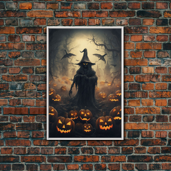 The Scarecrow and the Jack O Lantern Field, Framed Canvas Print, Halloween Canvas, Spooky Decor, Cottagecore Spooky Art