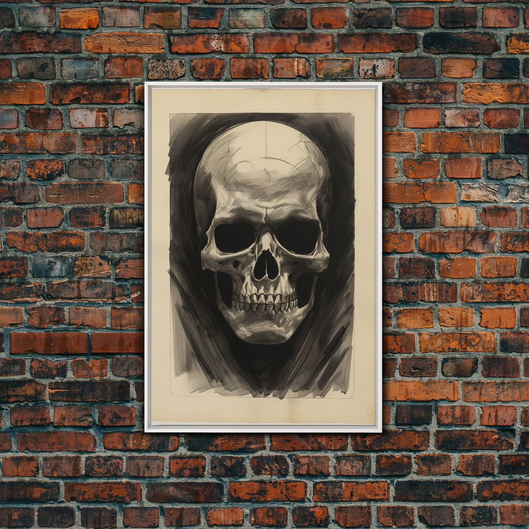 The Death Mask, Charcoal Sketch, Framed Canvas Print, Halloween Decor, Halloween Wall Art, Skull Portrait, Oddities, Witchy Decor