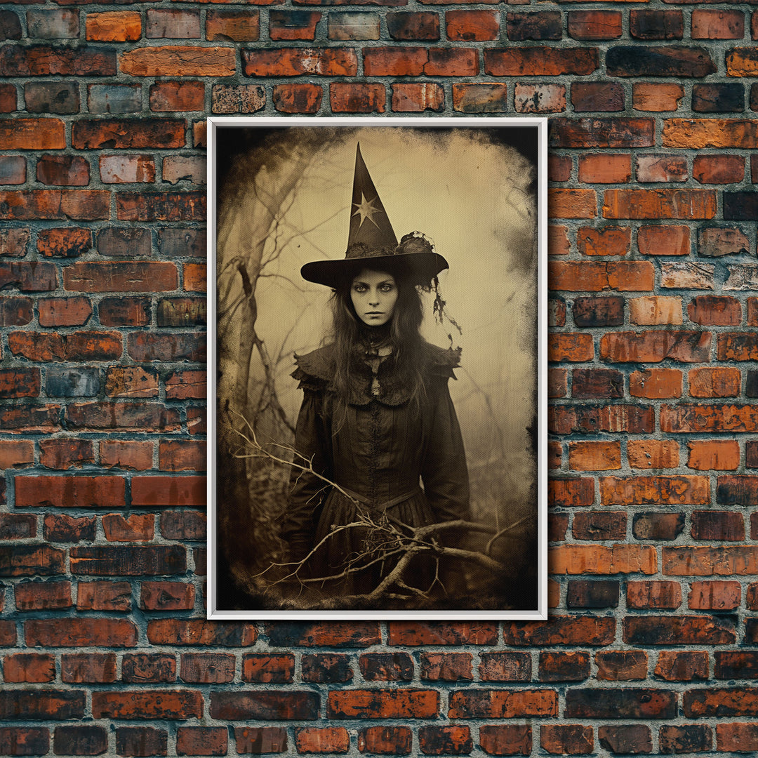 Witchy Art, Portrait of a Victorian Witch, Daguerreotype, Framed Canvas Print, Halloween Wall Art, Halloween Canvas, Fall Decor