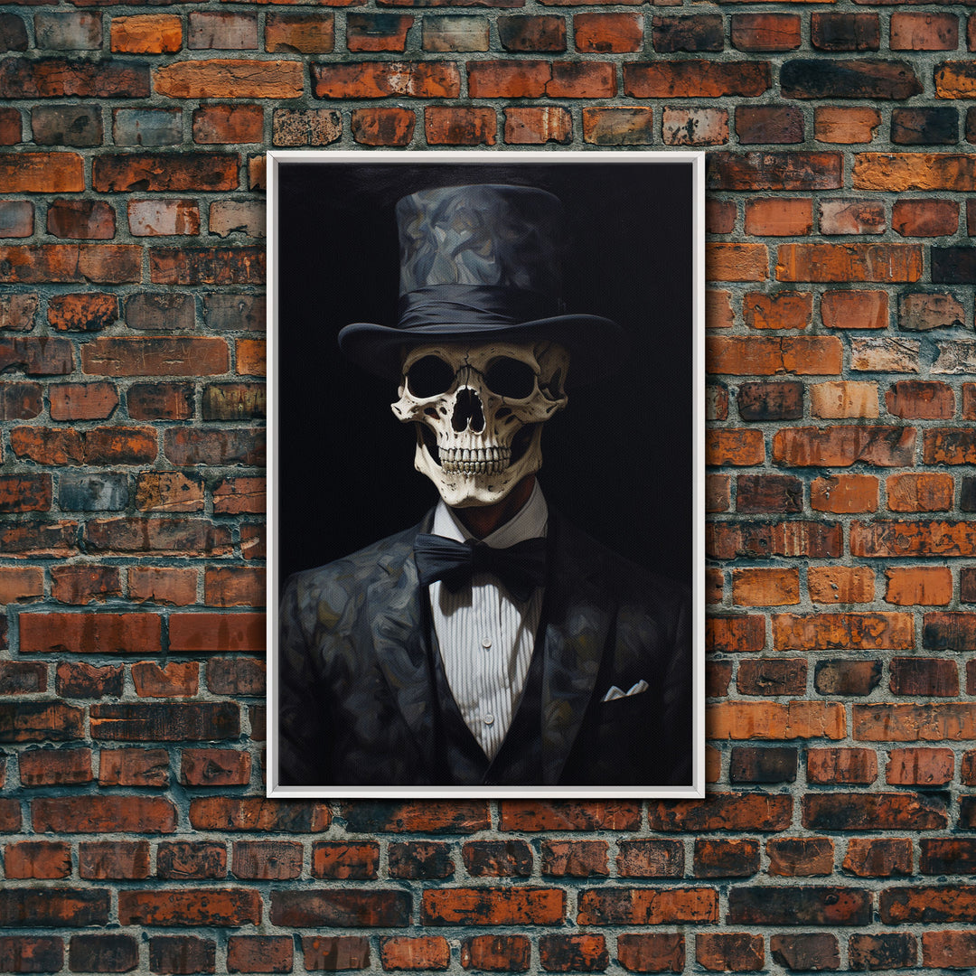 Skeleton In A Bowler Hat, Renaissance Skeleton, Framed Canvas Print, Gothic Halloween Decor, 1920s Style Art Deco Horror Art