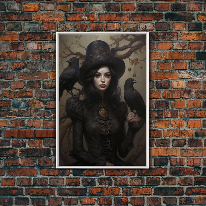 The Witch and Her Ravens, Framed Canvas, Oil Painting Print, Halloween Decor, Gothic Art, Dark Academia, Witchcraft Halloween Art