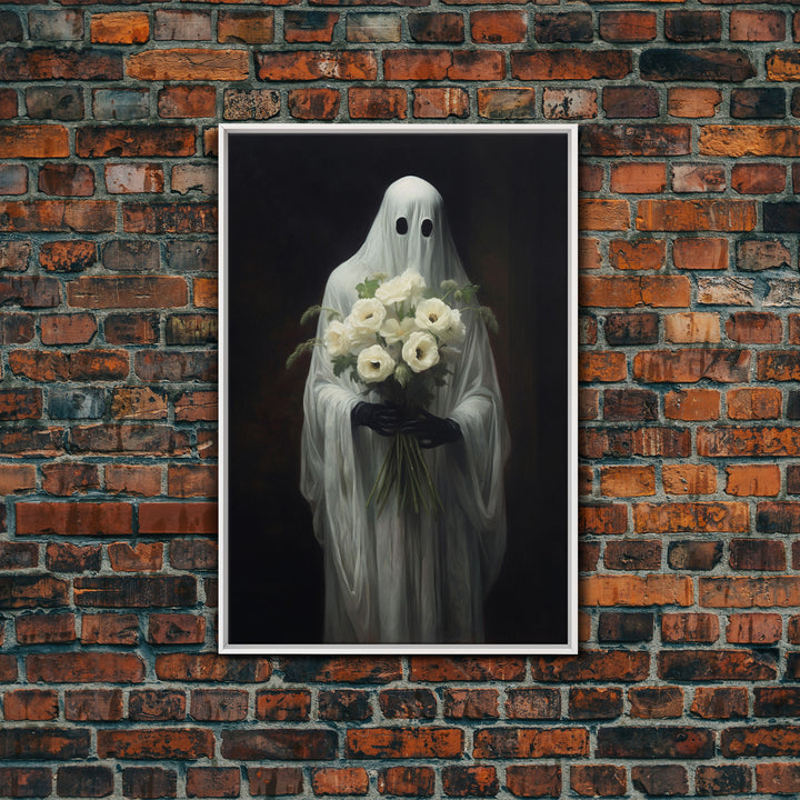 The Ghost With The Flowers, Halloween Canvas Print, Framed Canvas, Unique Wall Art, Goth Art, Dark Academia, Witch Art, Witchcraft