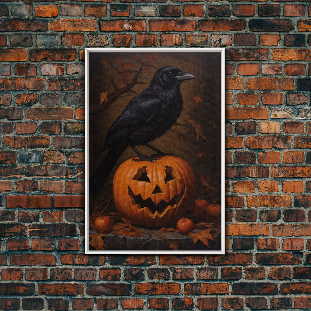 Crow Atop A Jack O Lantern, Framed Canvas Print, Halloween Decor, Raven Painting, Victorian Oil Painting Print, Macabre Horror Print