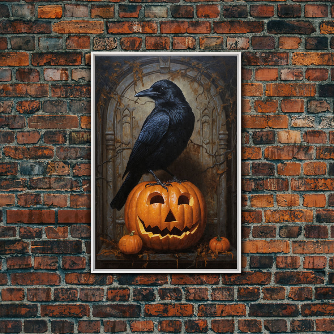 Macabre Crow Atop A Jack O Lantern, Framed Canvas Print, Halloween Decor, Raven Painting, Victorian Oil Painting Print, Macabre Horror Print