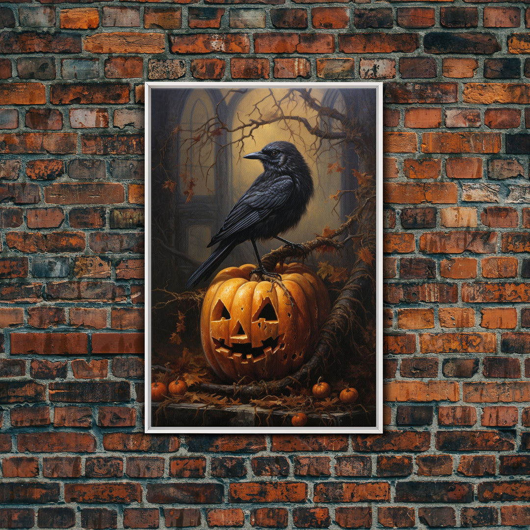 Raven Atop A Jack O Lantern, Framed Canvas Print, Halloween Decor, Raven Painting, Victorian Oil Painting Print, Macabre Horror, Witch Art