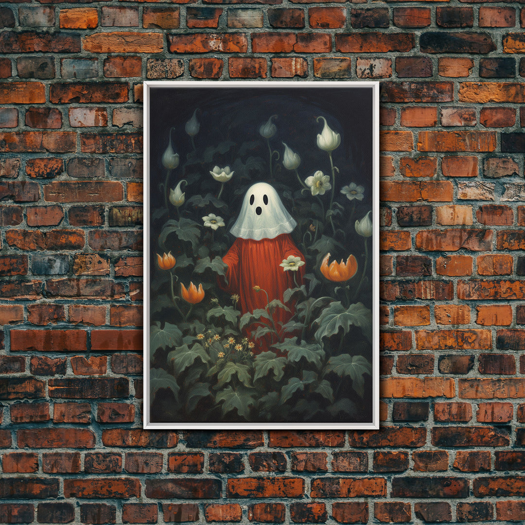 The Ghost In The Flower Garden, Halloween Canvas Print, Framed Canvas Art, Halloween Decor, Dark Academia, Horror Prints, Oil Painting