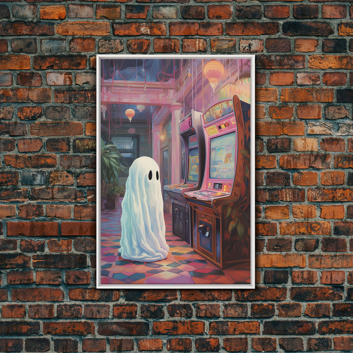 Cute Little Boo, The Phantom Of The Arcade, Vaporwave Style Halloween Decor, Vintage Halloween, Retro Vibes Horror Print, Ghost Art