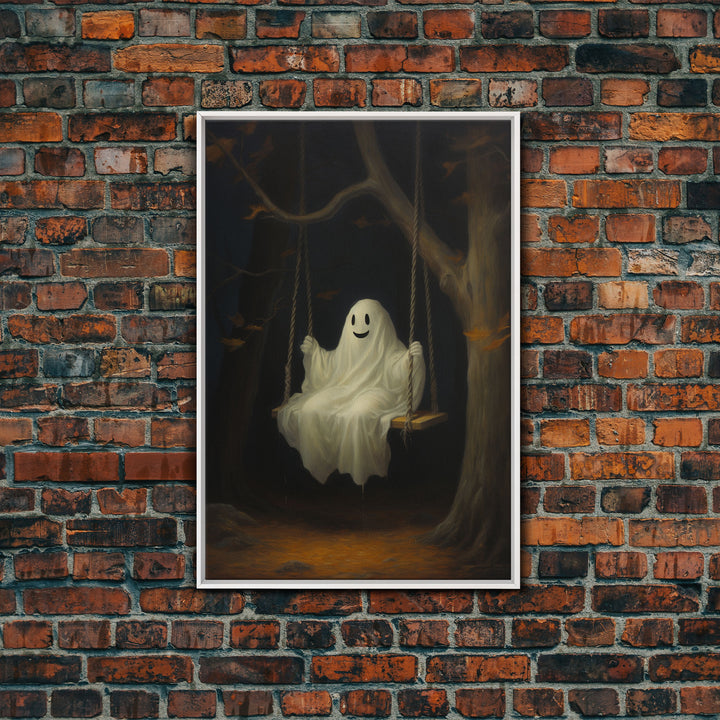 The Happy Playground Ghost, Funny Halloween, Vintage Halloween Canvas, Framed Canvas Print, Cute Wall Art, Ghost On A Swing, Macabre Art