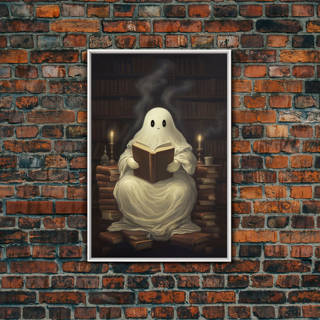 The Reading Ghost, Victorian Halloween Art, Funny Halloween, Framed Canvas, Halloween Canvas Art, Macabre Goth Art