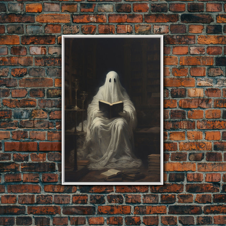 The Reading Ghost, Victorian Halloween Art, Funny Halloween, Framed Canvas, Halloween Canvas Art, Macabre Goth Art