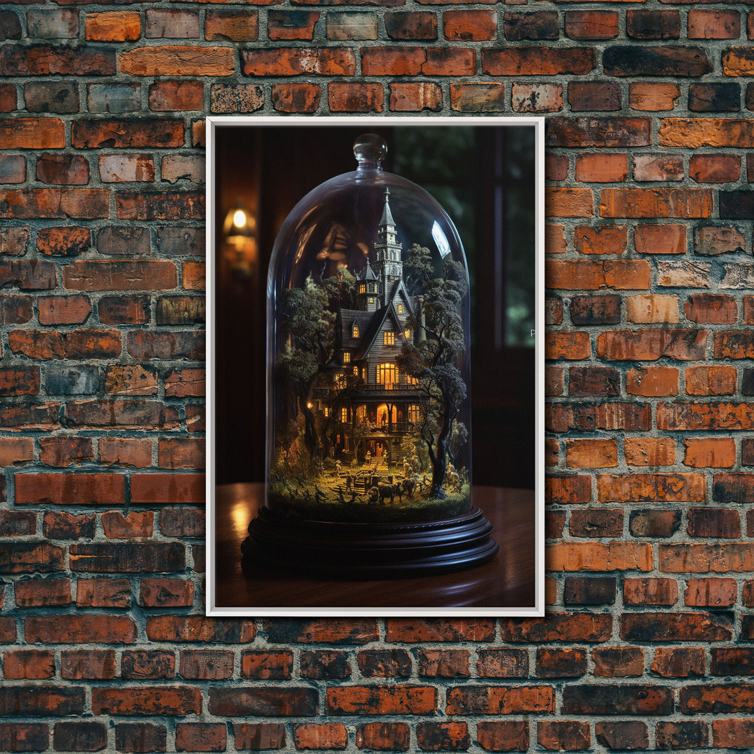 Halloween Snowglobe Art, Framed Canvas Print, Haunted Victorian Mansion In A Bubble, Tiny Worlds, Mini Worlds Art, Vintage Halloween Art