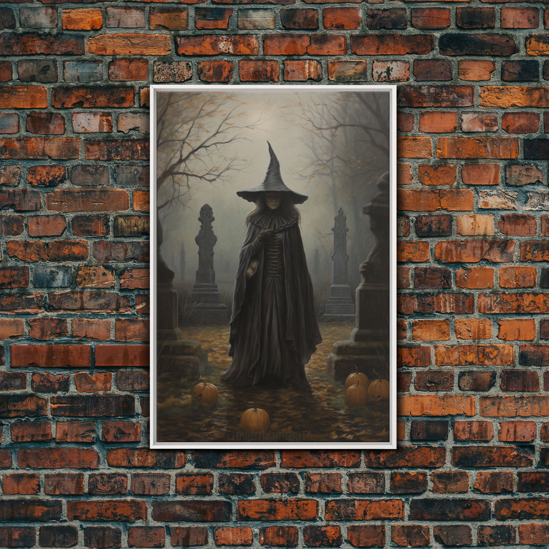 The Witch In The Cemetary, Vintage Halloween Witch Art, Halloween Canvas Printed / Framed Canvas, Witchy Decor, Witchcraft, Dark Academia