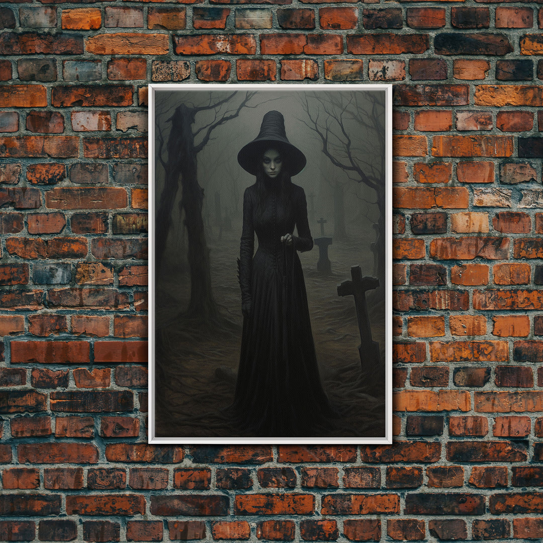 The Witch In The Cemetary, Vintage Halloween Witch Art, Halloween Canvas Printed / Framed Canvas, Witchy Decor, Witchcraft, Dark Academia