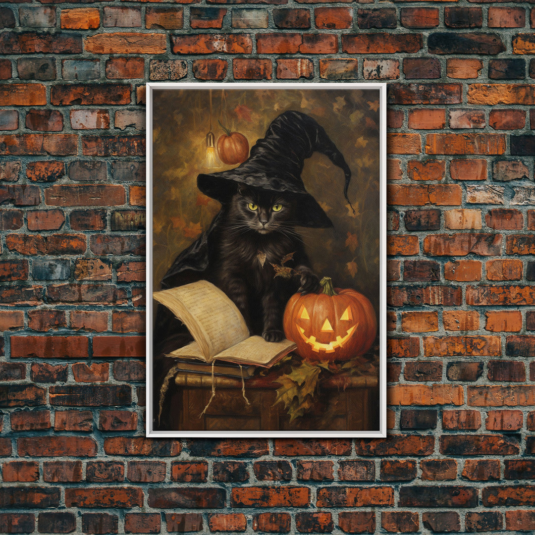 Cute Witch Cat Reading Her Book Of Spells, Vintage Halloween Art, Framed Canvas Print, Halloween Canvas Art, Witchcraft