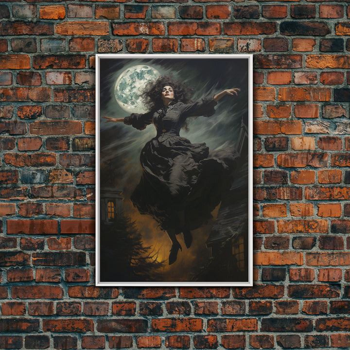 The Wicked Witch, Halloween Canvas, Framed Canvas Print, Spooky Gothic Oil Painting, Witch Flying Through The Air Against A Full Moon, Witch