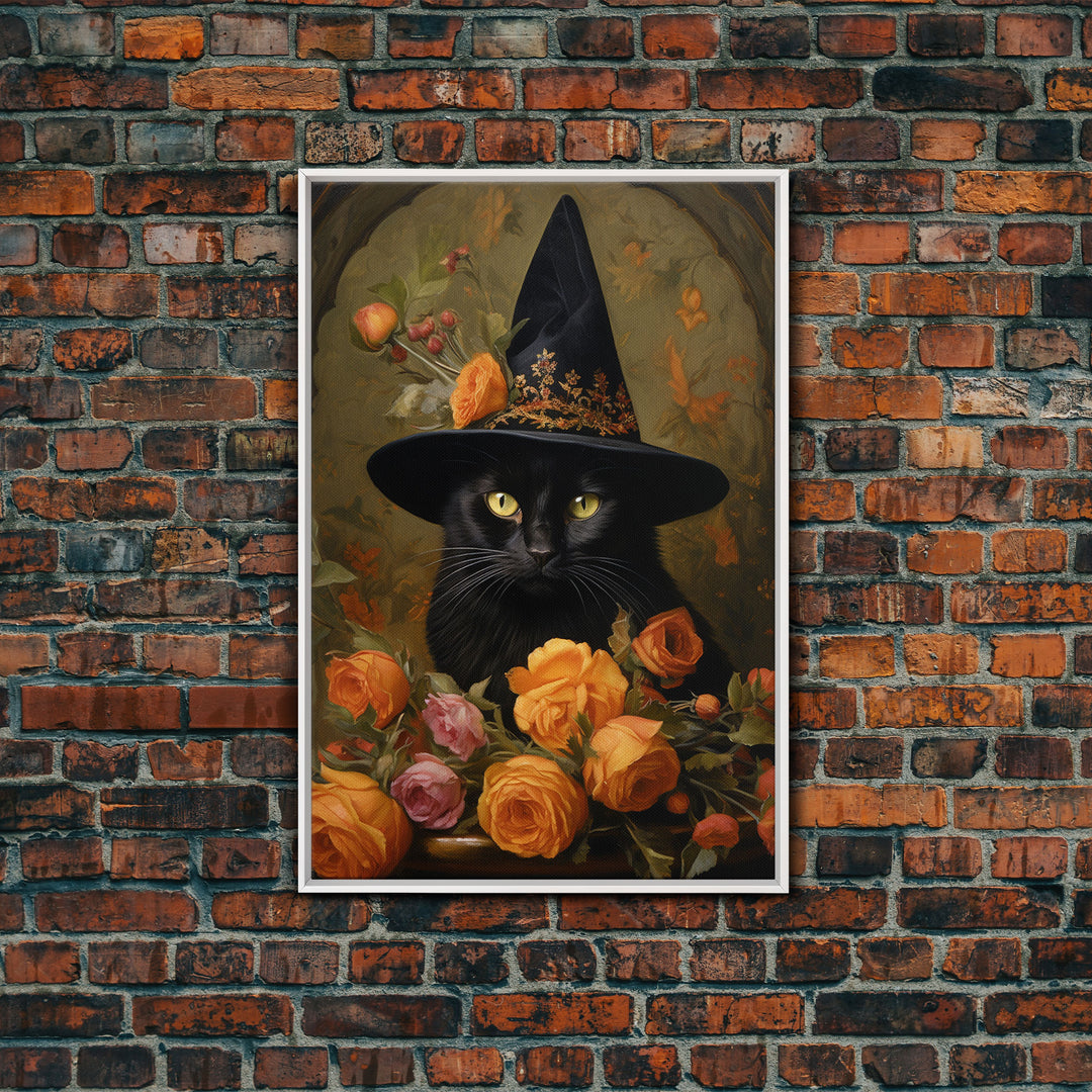 Cute Witch's Familiar Cat Halloween Art, Cat Witch, Cat Painting, Cute Cat Print, Halloween Decor, Black Cat Print, Framed Canvas / Canvas