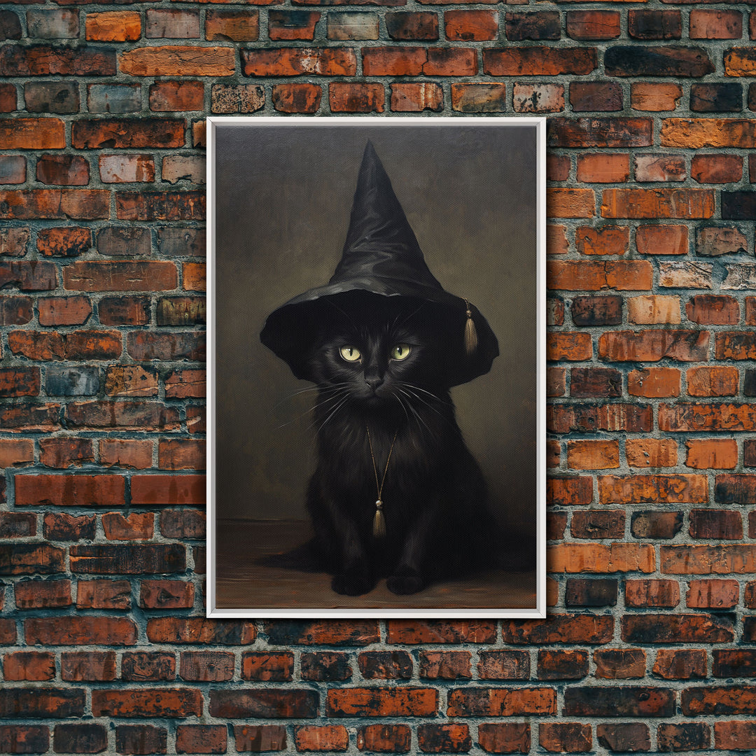 Cute Witch's Familiar Cat Halloween Art, Cat Witch, Cat Painting, Cute Cat Print, Halloween Decor, Black Cat Print, Framed Canvas / Canvas