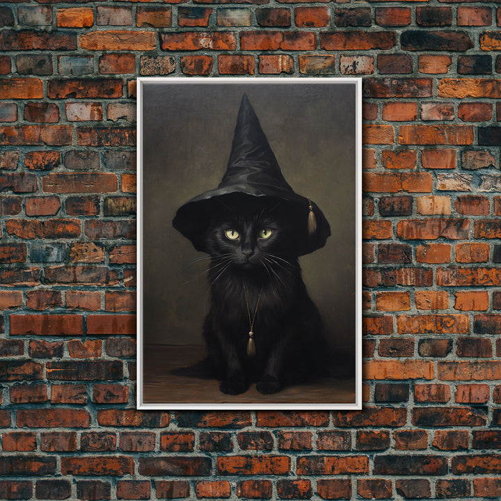 Cute Witch's Familiar Cat Halloween Art, Cat Witch, Cat Painting, Cute Cat Print, Halloween Decor, Black Cat Print, Framed Canvas / Canvas