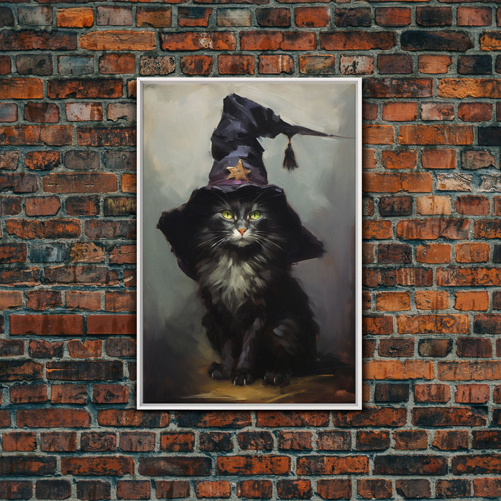 The Wizard Cat, Framed Canvas Print, Dark Academia Halloween Art, Victorian Cat Oil Painting, Goth Halloween Decor