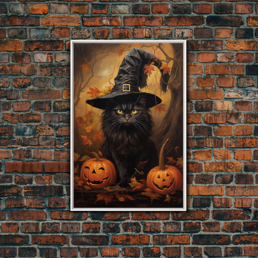 The Witch Cat With Her Jack O Lanterns, Framed Canvas Print, Dark Academia Halloween Art, Victorian Cat Oil Painting, Goth Halloween Decor