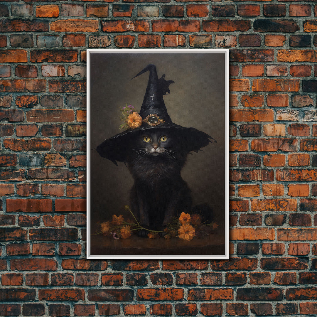 The Witch Cat With A Flower In Her Cap, Framed Canvas Print, Dark Academia Halloween Art, Victorian Cat Oil Painting, Goth Halloween Decor