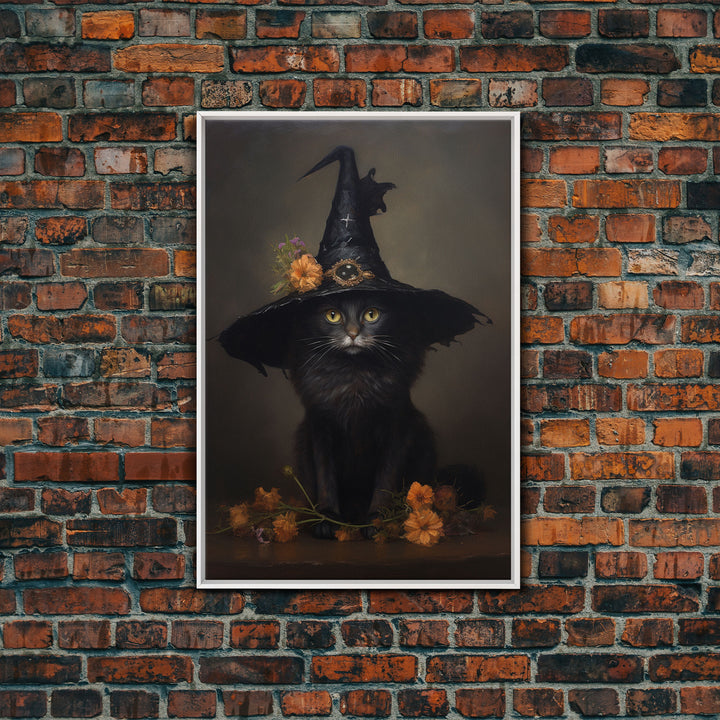 The Witch Cat With A Flower In Her Cap, Framed Canvas Print, Dark Academia Halloween Art, Victorian Cat Oil Painting, Goth Halloween Decor