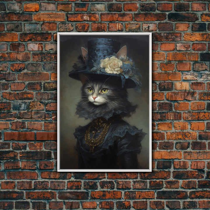 Victorian Cat Portrait, Framed Canvas Print, Oil Painting, Halloween Decor, Cute Halloween Wall Art, Funny Halloween Decor