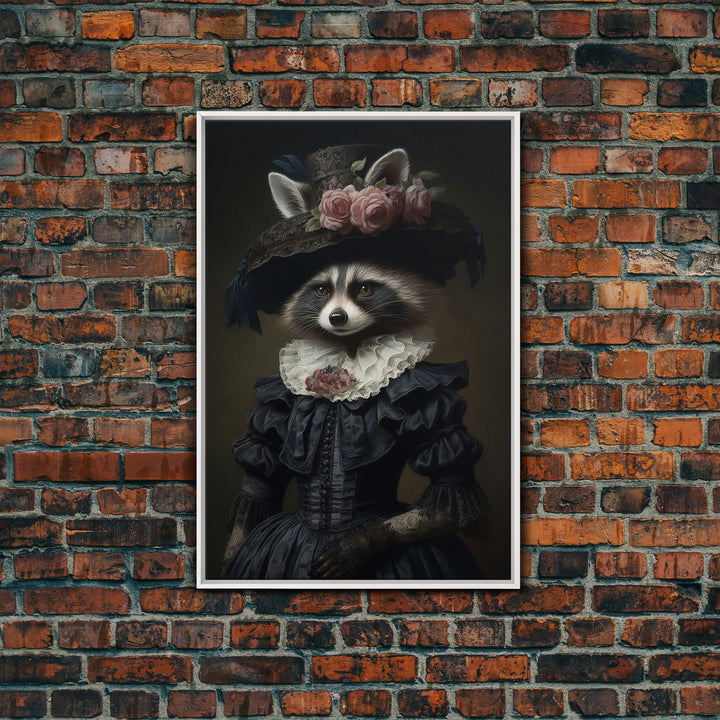 Fancy Victorian Lady Racoon, Framed Canvas Print Or Canvas, Victorian Animal Print Oil Painting, Funny Halloween Decor