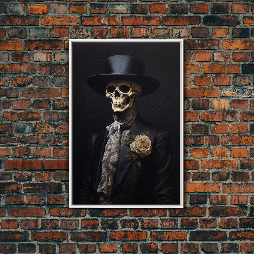 The Dapper Skeleton, Spooky Halloween Wall Art, Canvas Print, Framed Halloween Canvas Print, Dark Academia, Goth Art