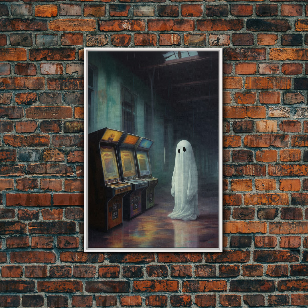 Ghost in an Abandoned Arcade, Nostalgia Canvas, Art Canvas Print, Dark Academia, Gothic Retro, Game Room Art, Halloween Decoration