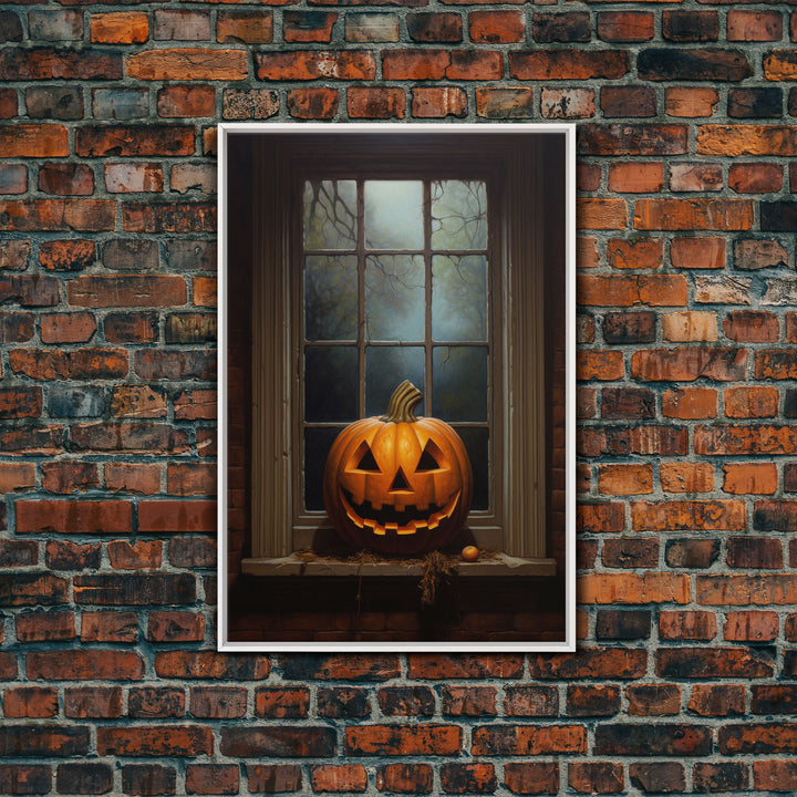 Spooky Jack O' Lantern In A Window Sill, Framed Canvas Print, Halloween Canvas, Halloween Art, Dark Academia, Art Canvas Print