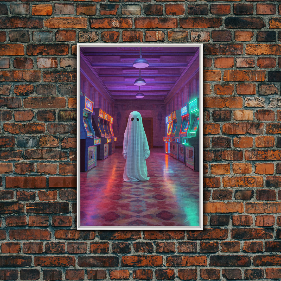 The Phantom Of The Arcade, Framed Canvas Print, Retro Vaporwave Halloween Mashup Art, Halloween Canvas Prints