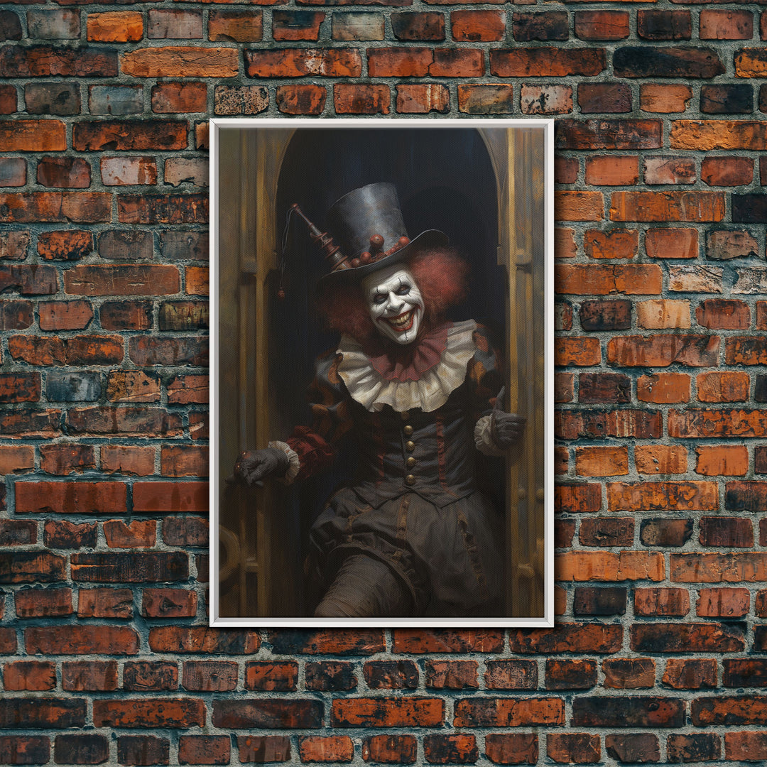 Scary Victorian Clown, Coulrophobia, Framed Canvas Print, Victorian Gothic Halloween Art, Oddities and Curiosities, Halloween Decoration