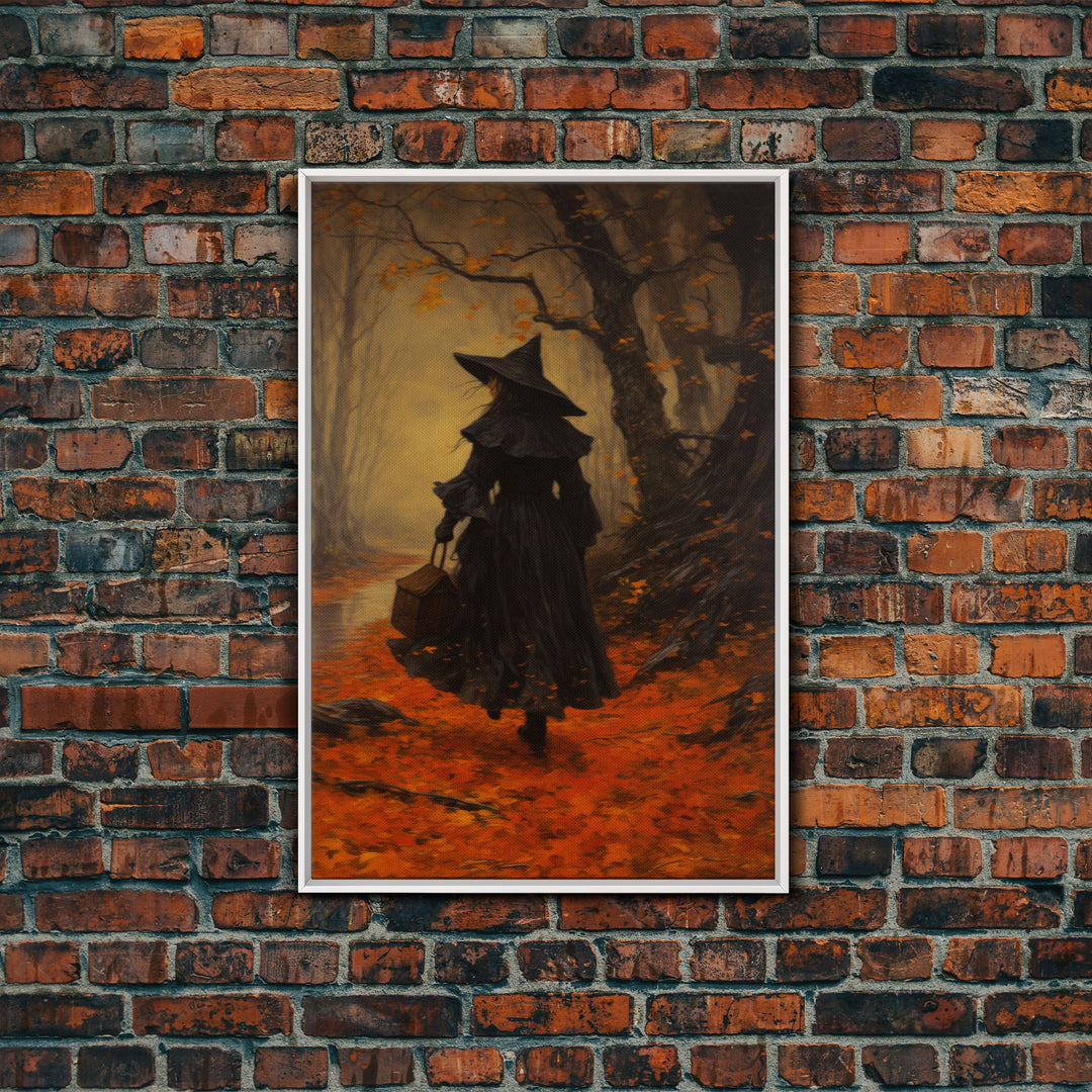 The Witch, Witch Decor, Halloween Witch, Framed Canvas, Retro Hallowen Wall Art, Halloween Canvas, Witch Painting, Fall Decor, Fall Leaves