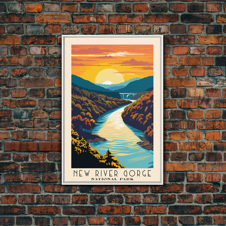 New River Gorge National Park Travel Art, National Park Print, Minimalist Travel Art, Midcentury Modern Style Landscape Painting