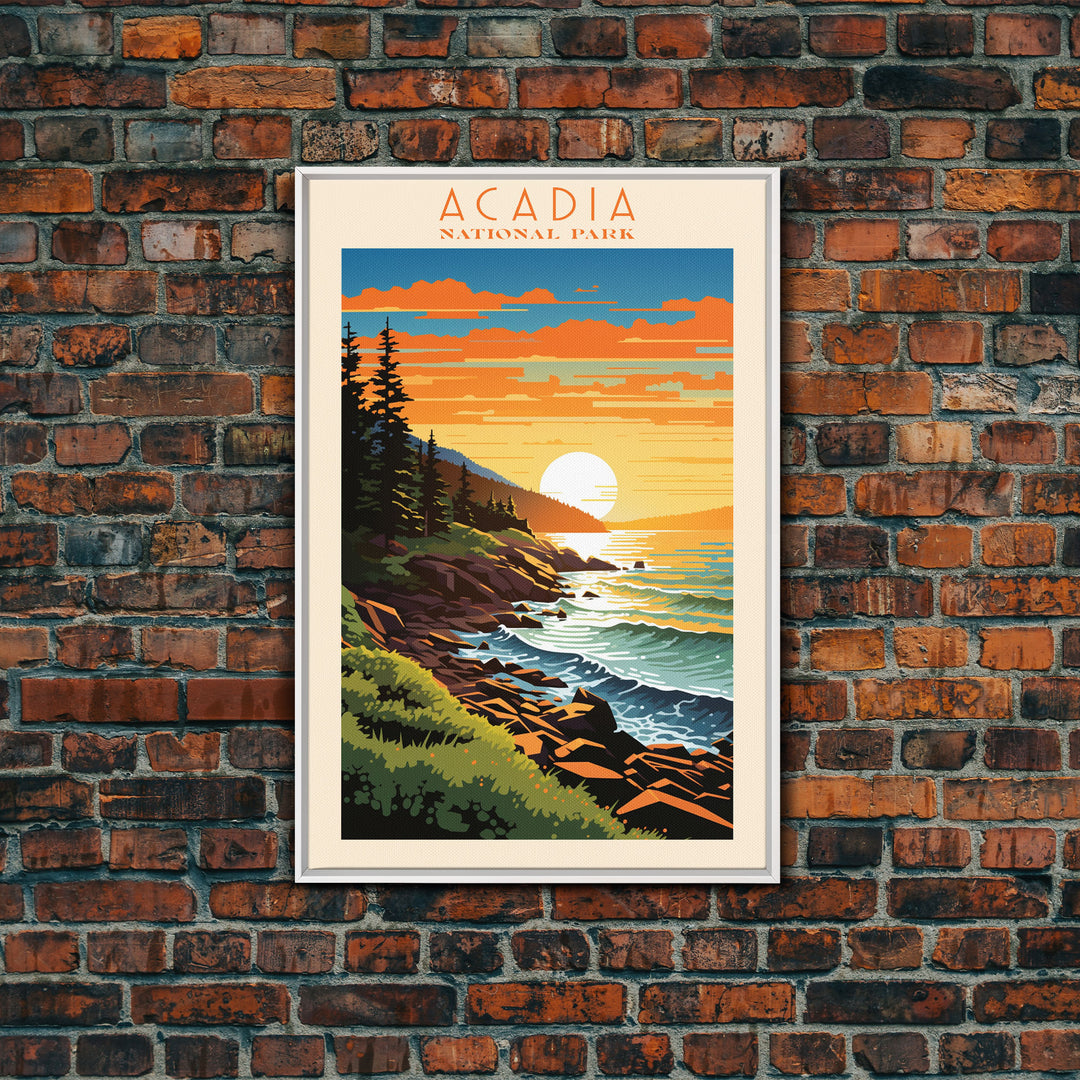 Acadia National Park, Framed Wall Art Canvas Print, Travel Poster, Travel Art, Roadtrip Decor, Cool Wall Art, Retro State Park Art, Pop Art