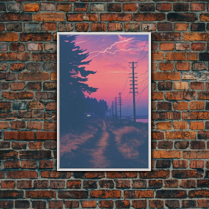 Lightning At Sunset, Framed Canvas Print, Vaporwave Aesthetic Wall Art, Liminal Spaces Photography Print, Dorm Room Decor, Retro Art