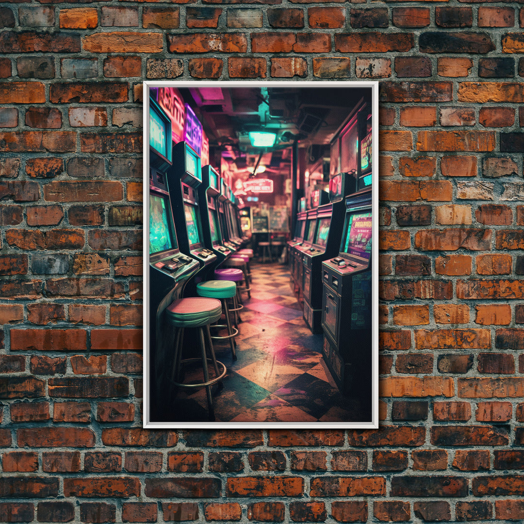 An Abandoned Game Room, Framed Canvas Print, Vaporwave Photography Fine Art Print, Aesthetic Decor, Colorful Art, Arcade Room Art