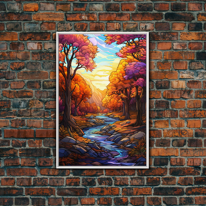 Beautiful Fall Decor, Framed Canvas Print, Mosaic / Stained Glass Style Painting, Gliclee Print, Autumn Decor, Thanksgiving Decorations