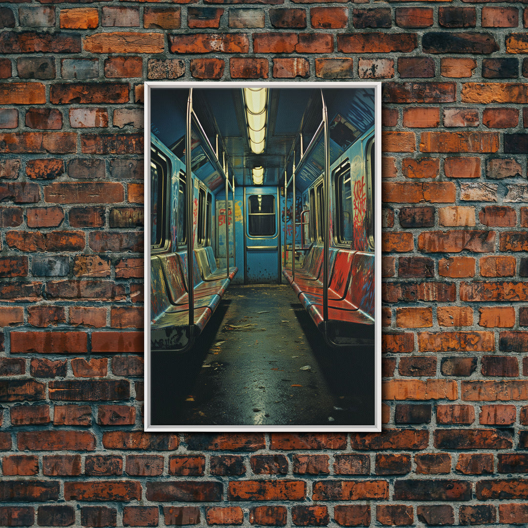 Urban Decay, Abandoned Subway Car Photography Framed Canvas Print, 1970s NYC Subway Car, Graffiti Art