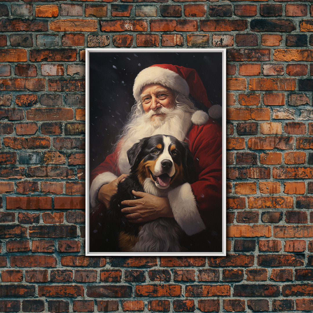 Santa Claus and his Bernese Mountain Dog, Cute Dog Art, Framed Canvas Print, Christmas Art, Christmas Decor, Christmas Art Print, Cute Dog