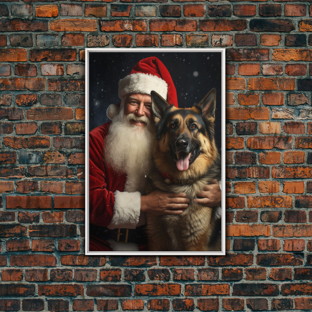 Santa Holding A German Shepherd, Framed Canvas Print, Christmas Wall Art, Xmas Art, Christmas Art Print, Santa Decor, Farmhouse Christmas