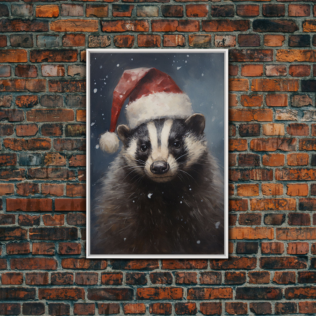 Cute Christmas Badger In A Santa Hat, Framed Canvas Print, Christmas Art, Christmas Decor, Christmas Art Print, Christmas Wall Art