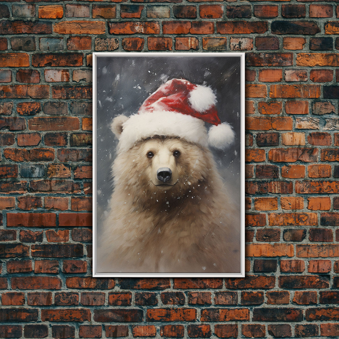 Cute Christmas Bear In A Santa Hat, Christmas Art, Christmas Decor, Christmas Wall Art, Christmas Painting, Vintage Christmas