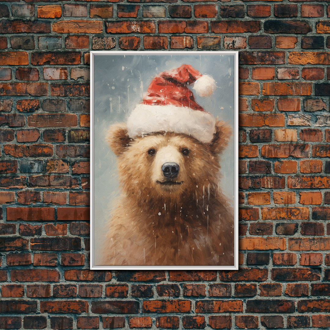 Cute Christmas Bear In A Santa Hat, Framed Canvas Print, Christmas Art, Christmas Decor, Christmas Art Print, Christmas Wall Art