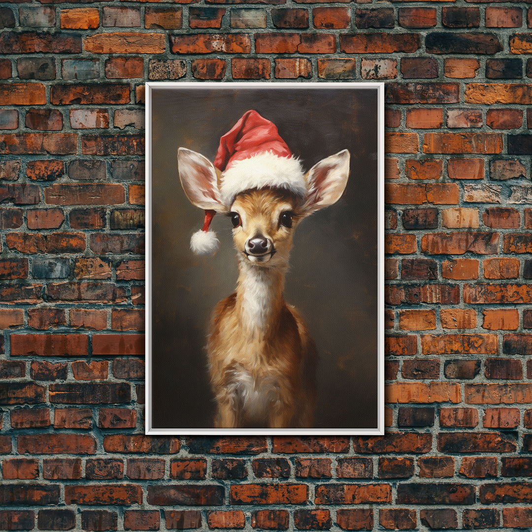 Cute Deer Wearing A Santa Hat, Christmas Decor, Woodland Animals, Christmas Wall Art, Winter Decor, Holiday Decor, Seasonal Decor