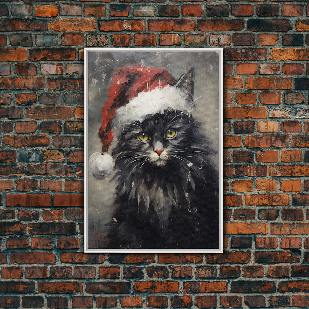 Christmas Cat In His Christmas Hat, Framed Canvas Print, Holiday Decor, Framed Canvas Print, Seasonal Wall Art