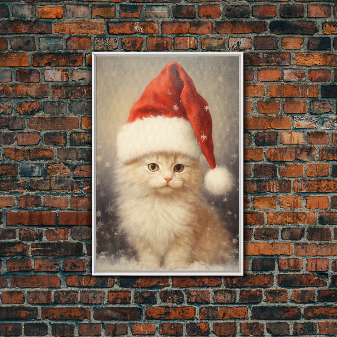 Cute White Kitten In A Christmas Hat, Farmhouse Christmas, Farmhouse Decor, Framed Canvas Print Seasonal Wall Art Winter Decor Christmas Art